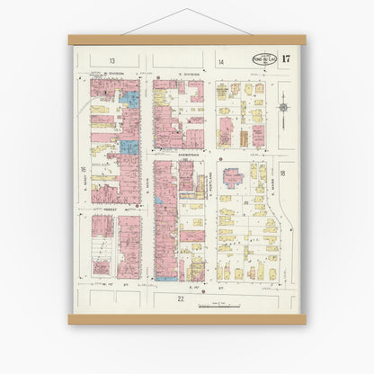 Old map wall art mockup — magnetic wood frame on white wall — Sanborn Fire Insurance Map from Fond du Lac, Fond du Lac County, Wisconsin (1915), Sheet #0017