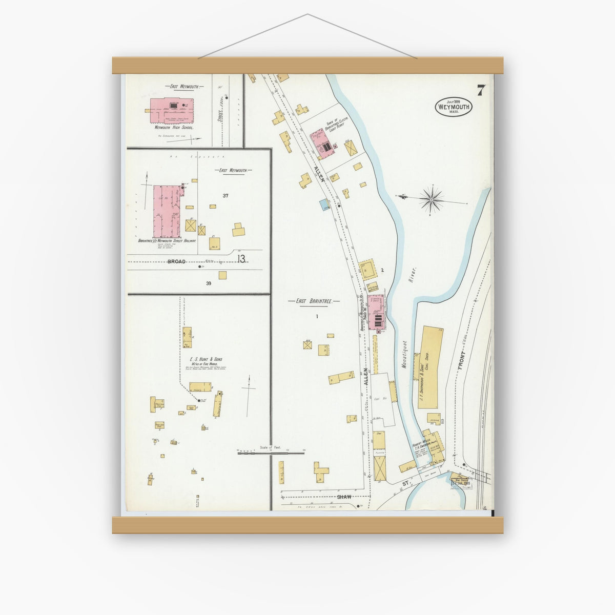 Old map wall art mockup — magnetic wood frame on white wall — Sanborn Fire Insurance Map from Weymouth, Norfolk County, Massachusetts (1899), Sheet #0007