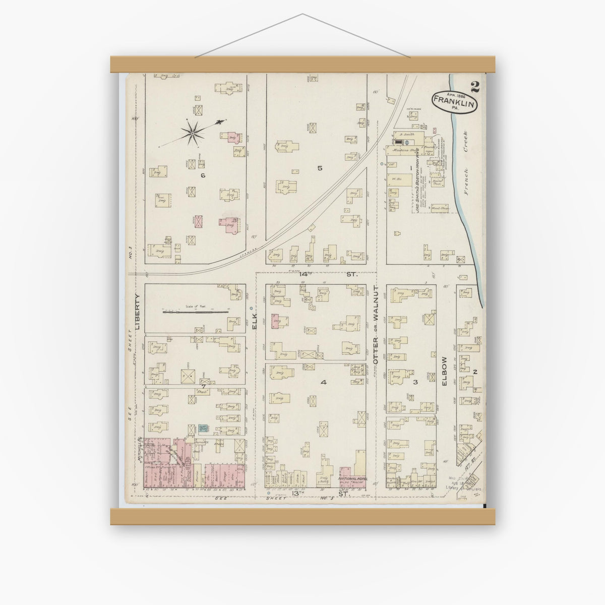 Old map wall art mockup — magnetic wood frame on white wall — Sanborn Fire Insurance Map from Franklin, Venango County, Pennsylvania (1888), Sheet #0002