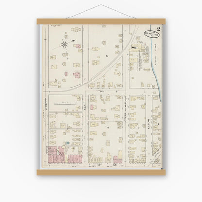 Old map wall art mockup — magnetic wood frame on white wall — Sanborn Fire Insurance Map from Franklin, Venango County, Pennsylvania (1888), Sheet #0002