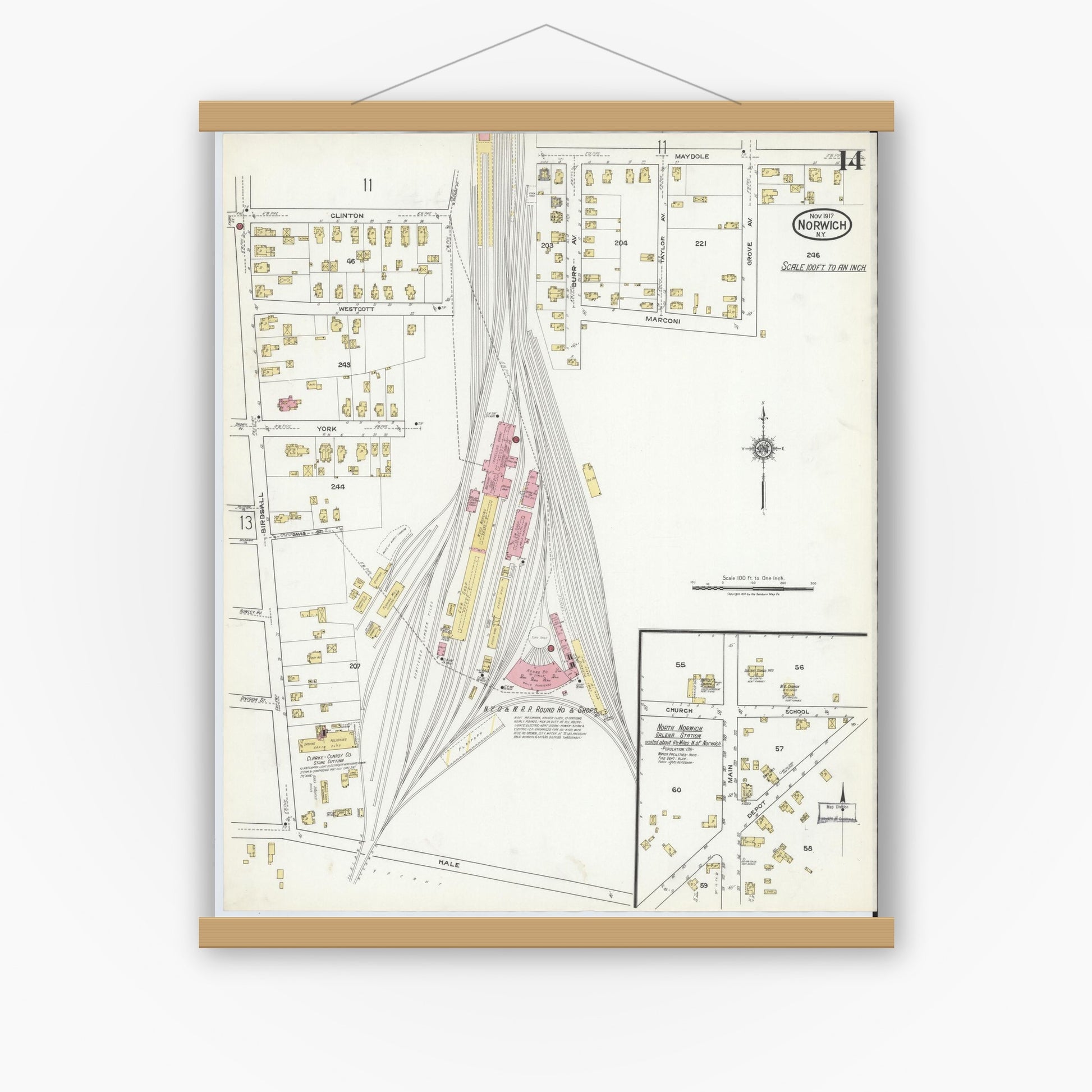 Old map wall art mockup — magnetic wood frame on white wall — Sanborn Fire Insurance Map from Norwich, Chenango County, New York (1917), Sheet #0014