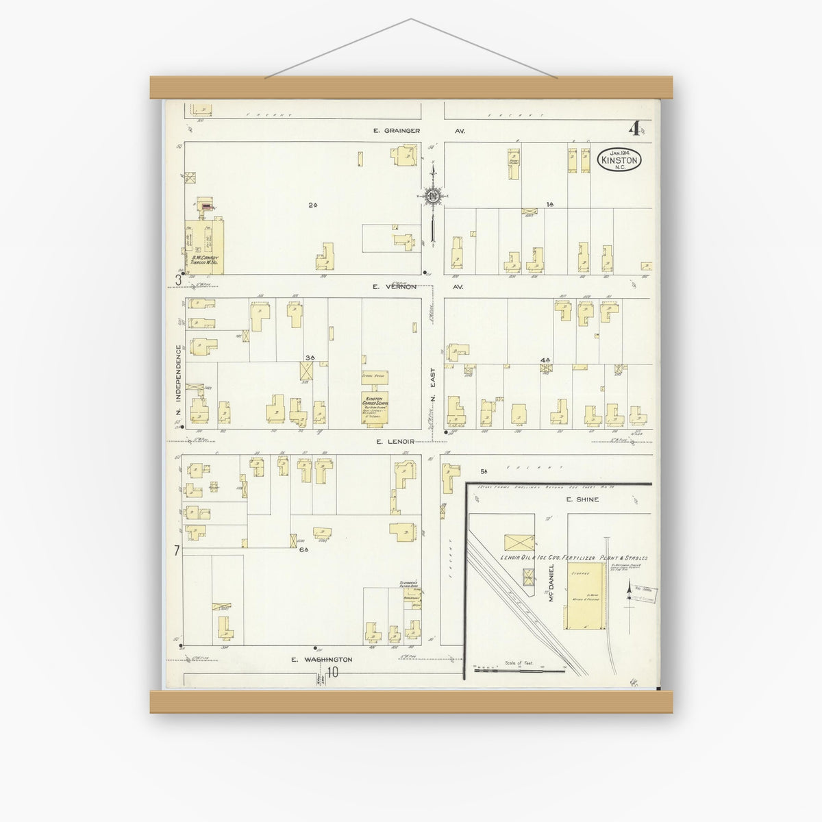 Old map wall art mockup — magnetic wood frame on white wall — Sanborn Fire Insurance Map from Kinston, Lenoir County, North Carolina (1914), Sheet #0004