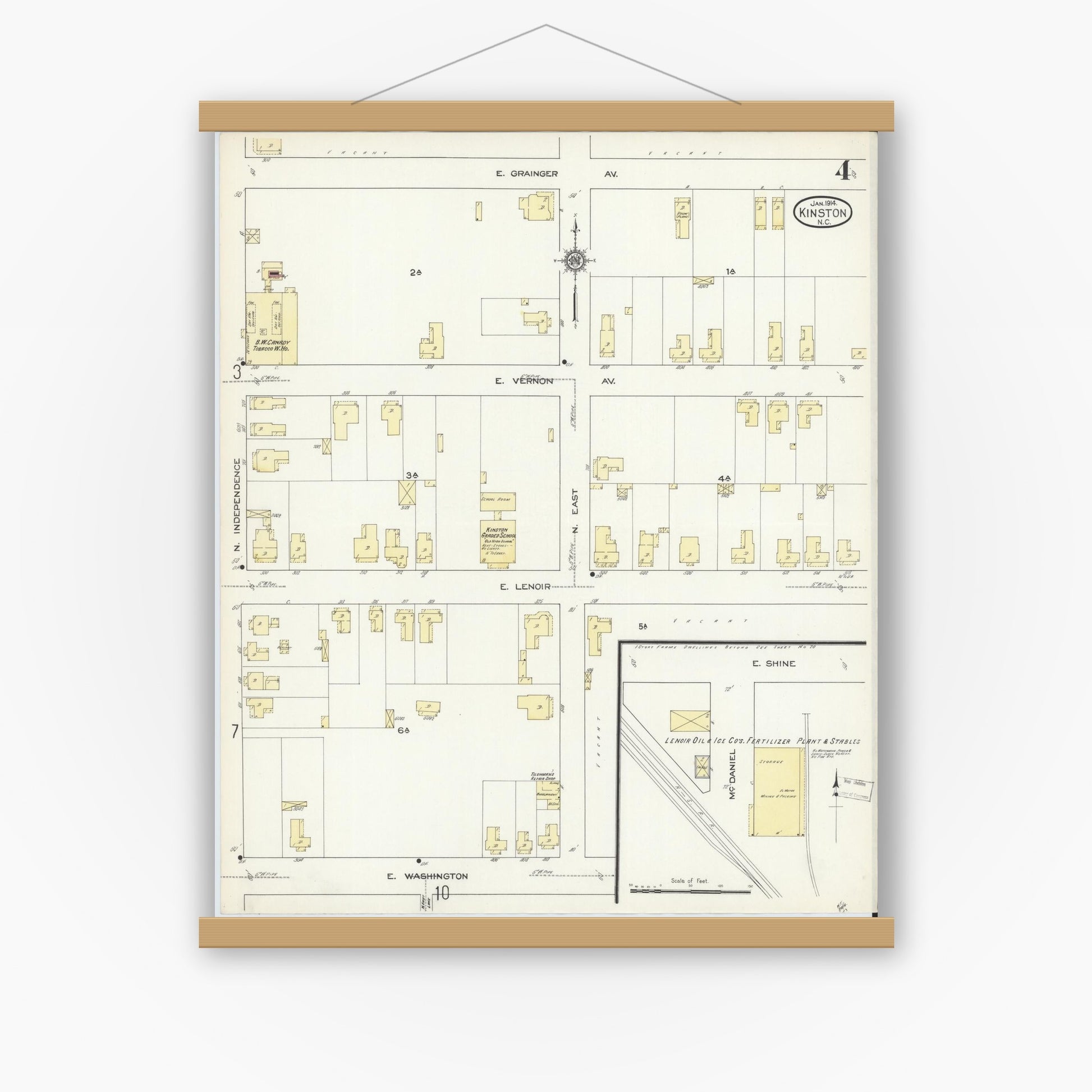 Old map wall art mockup — magnetic wood frame on white wall — Sanborn Fire Insurance Map from Kinston, Lenoir County, North Carolina (1914), Sheet #0004