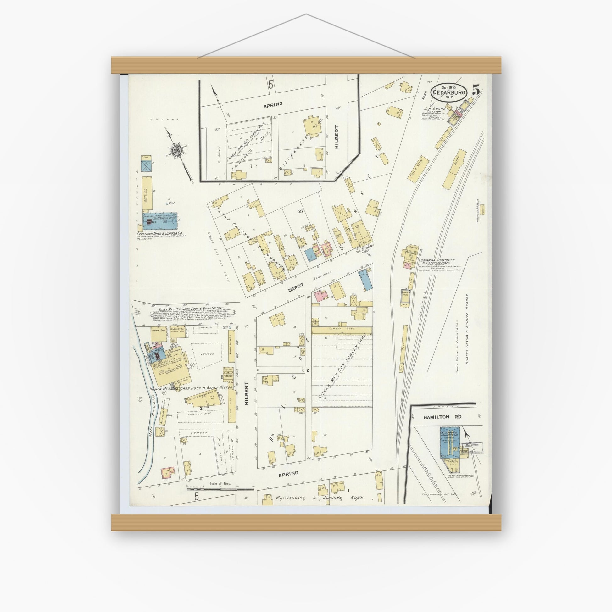 Old map wall art mockup — magnetic wood frame on white wall — Sanborn Fire Insurance Map from Cedarburg, Ozaukee County, Wisconsin (1910), Sheet #0005