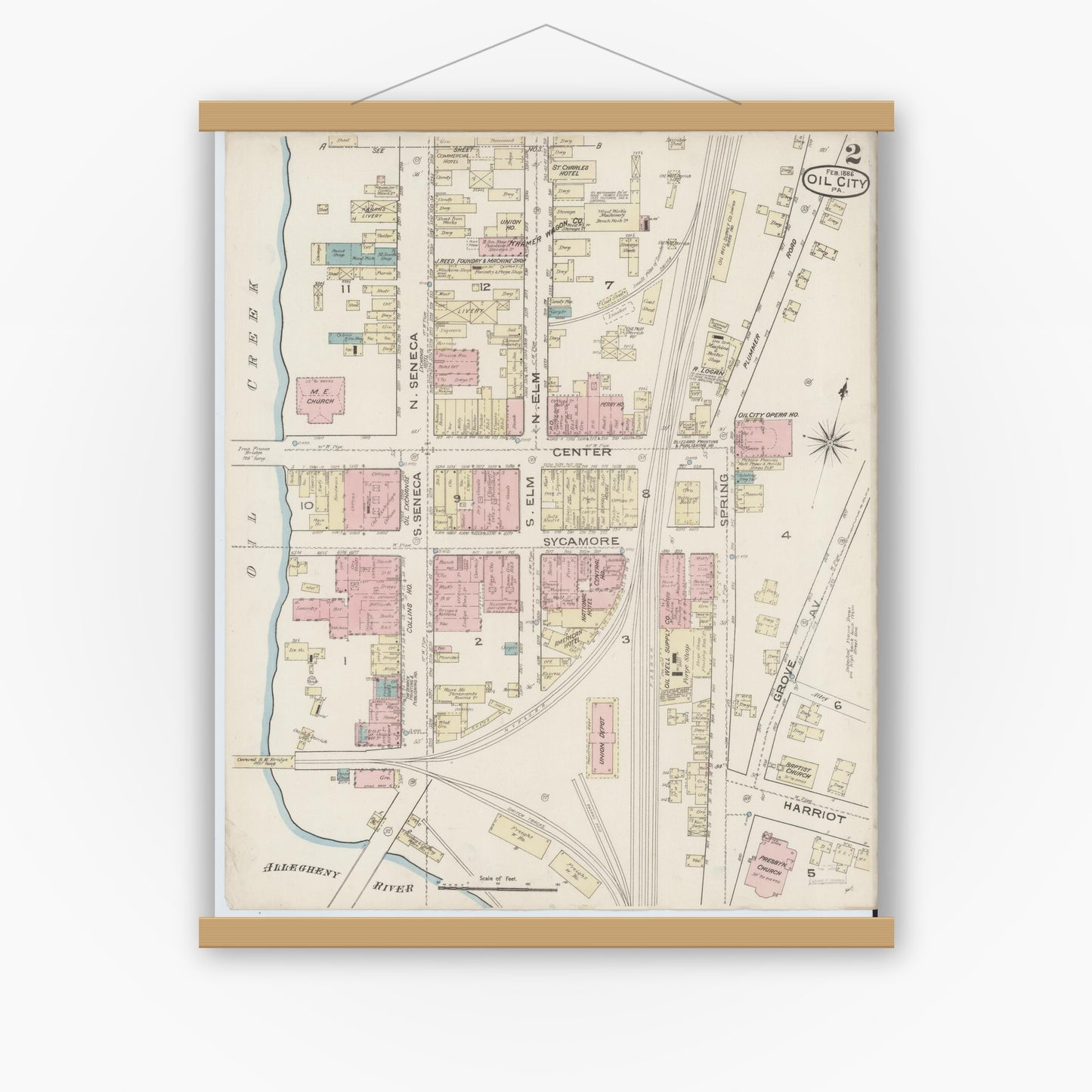 Old map wall art mockup — magnetic wood frame on white wall — Sanborn Fire Insurance Map from Oil City, Venango County, Pennsylvania (1888), Sheet #0002