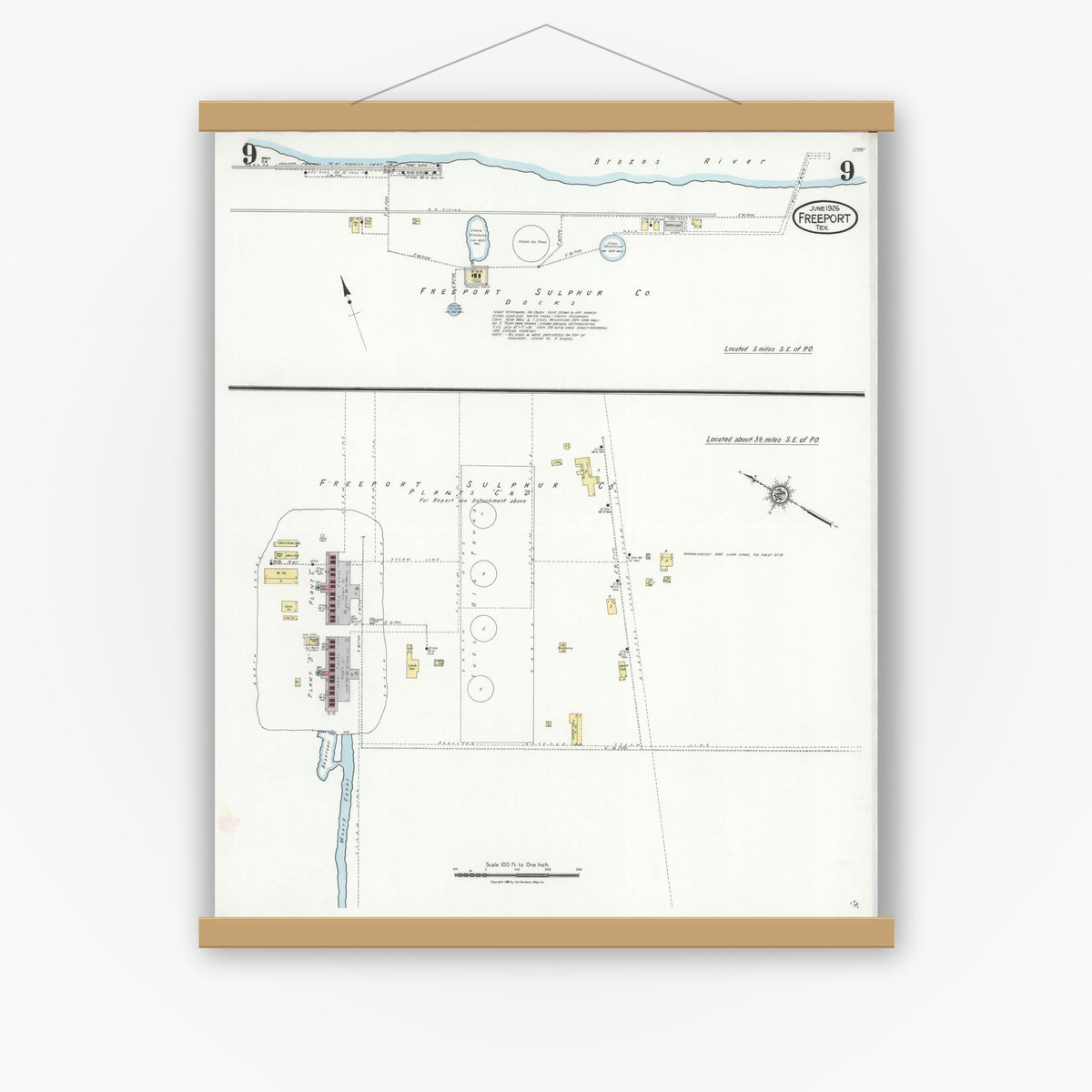 Old map wall art mockup — magnetic wood frame on white wall — Sanborn Fire Insurance Map from Freeport, Brazoria County, Texas (1926), Sheet #0009