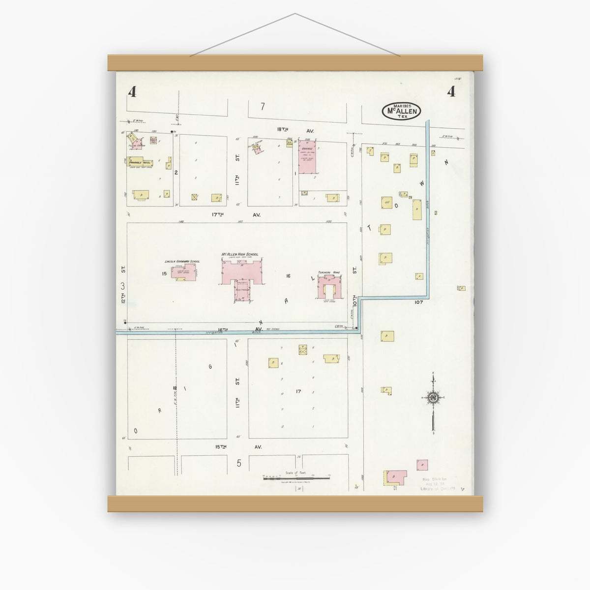 Old map wall art mockup — magnetic wood frame on white wall — Sanborn Fire Insurance Map from McAllen, Hidalgo County, Texas (1925), Sheet #0004