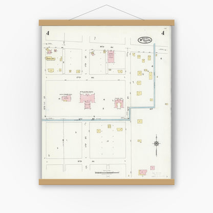 Old map wall art mockup — magnetic wood frame on white wall — Sanborn Fire Insurance Map from McAllen, Hidalgo County, Texas (1925), Sheet #0004