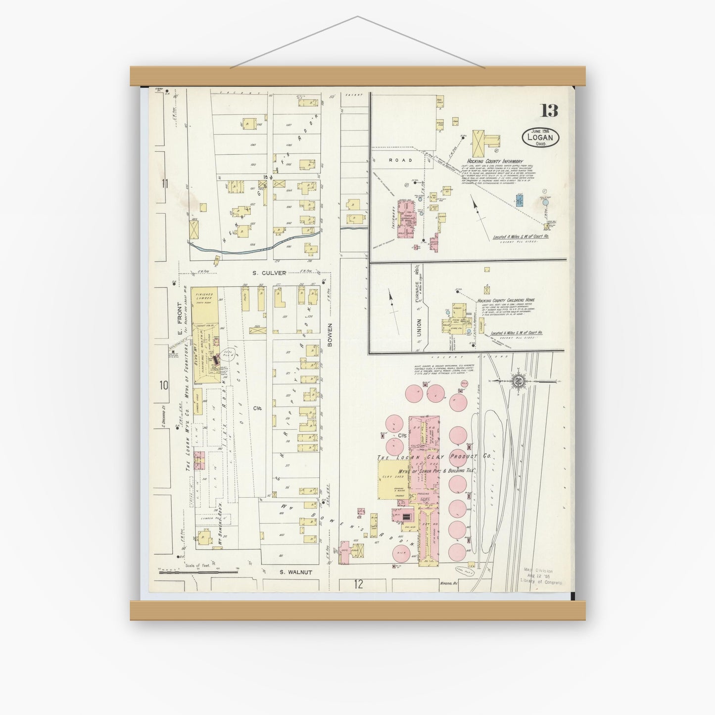 Old map wall art mockup — magnetic wood frame on white wall — Sanborn Fire Insurance Map from Logan, Hocking County, Ohio (1914), Sheet #0013