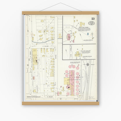 Old map wall art mockup — magnetic wood frame on white wall — Sanborn Fire Insurance Map from Logan, Hocking County, Ohio (1914), Sheet #0013