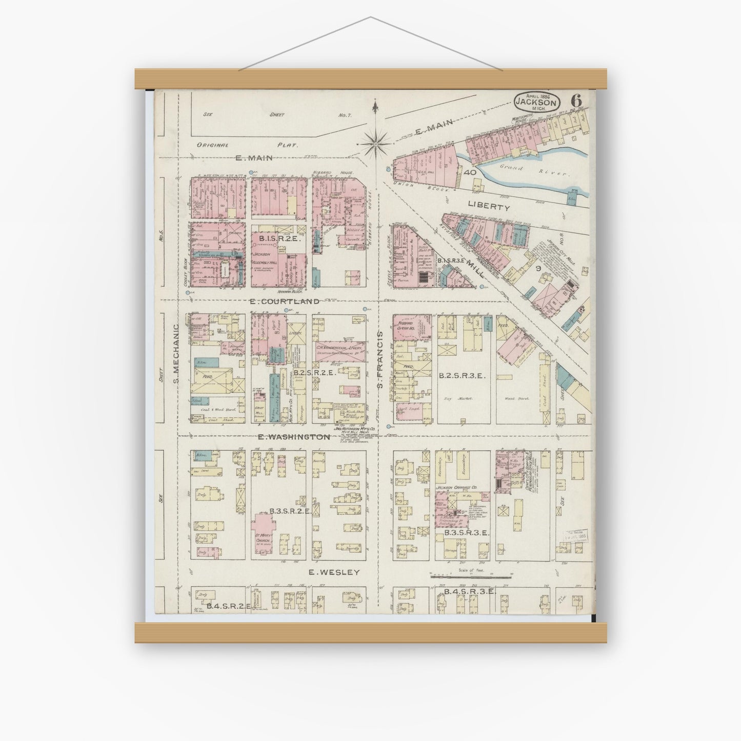 Old map wall art mockup — magnetic wood frame on white wall — Sanborn Fire Insurance Map from Jackson, Jackson County, Michigan (1886), Sheet #0006