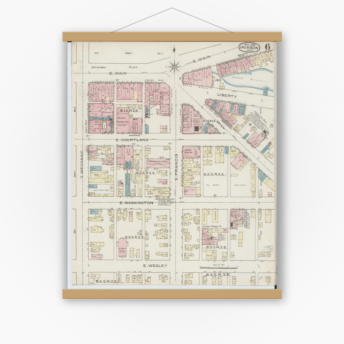 Old map wall art mockup — magnetic wood frame on white wall — Sanborn Fire Insurance Map from Jackson, Jackson County, Michigan (1886), Sheet #0006