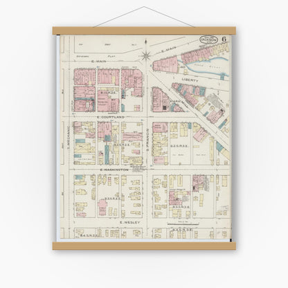 Old map wall art mockup — magnetic wood frame on white wall — Sanborn Fire Insurance Map from Jackson, Jackson County, Michigan (1886), Sheet #0006