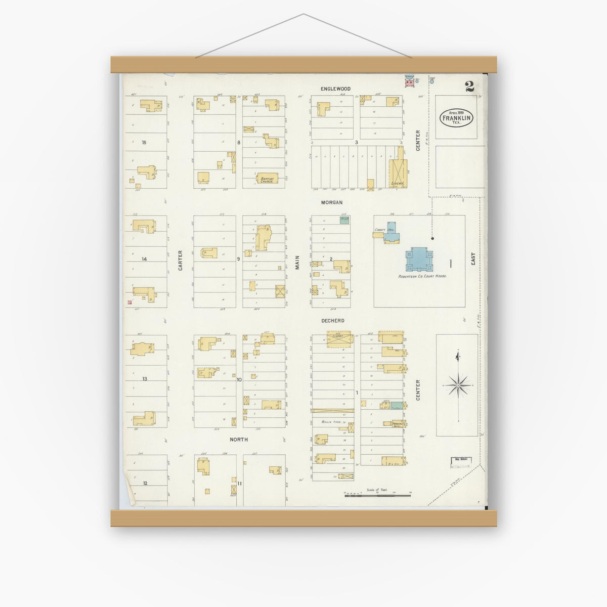Old map wall art mockup — magnetic wood frame on white wall — Sanborn Fire Insurance Map from Franklin, Robertson County, Texas (1899), Sheet #0002
