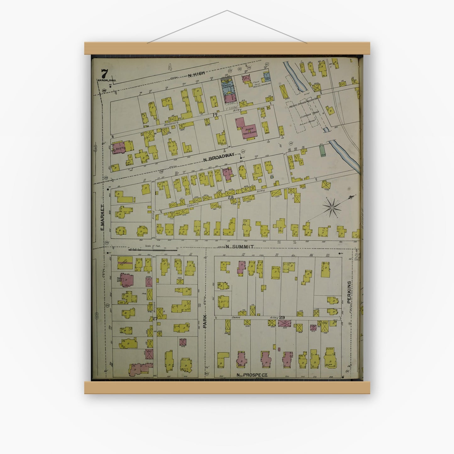 Old map wall art mockup — magnetic wood frame on white wall — Sanborn Fire Insurance Map from Akron, Summit County, Ohio (1892), Sheet #0007