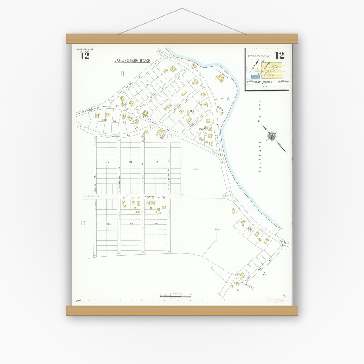 Old map wall art mockup — magnetic wood frame on white wall — Sanborn Fire Insurance Map from Scituate, Plymouth County, Massachusetts (1939), Sheet #0012