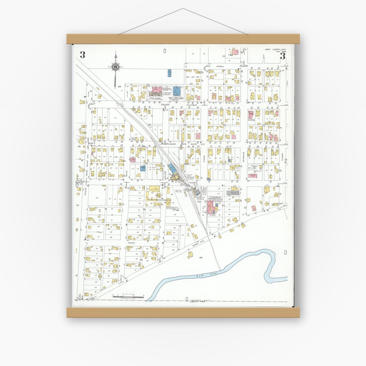 Old map wall art mockup — magnetic wood frame on white wall — Sanborn Fire Insurance Map from West Liberty, Logan County, Ohio (1948), Sheet #0003