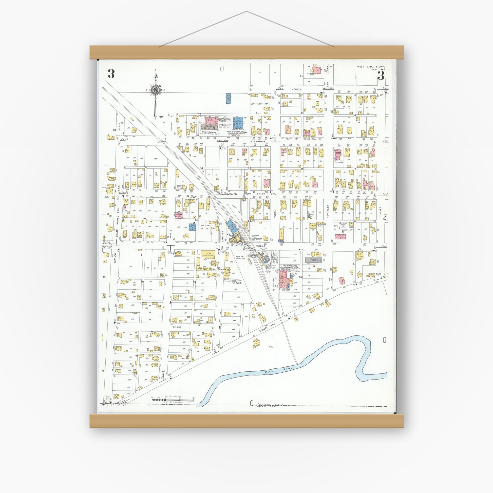 Old map wall art mockup — magnetic wood frame on white wall — Sanborn Fire Insurance Map from West Liberty, Logan County, Ohio (1948), Sheet #0003