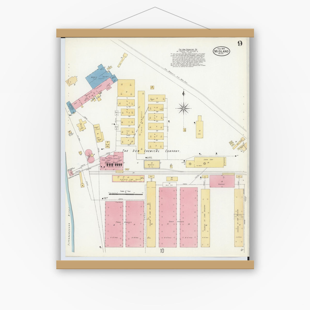 Old map wall art mockup — magnetic wood frame on white wall — Sanborn Fire Insurance Map from Midland, Midland County, Michigan (1909), Sheet #0009