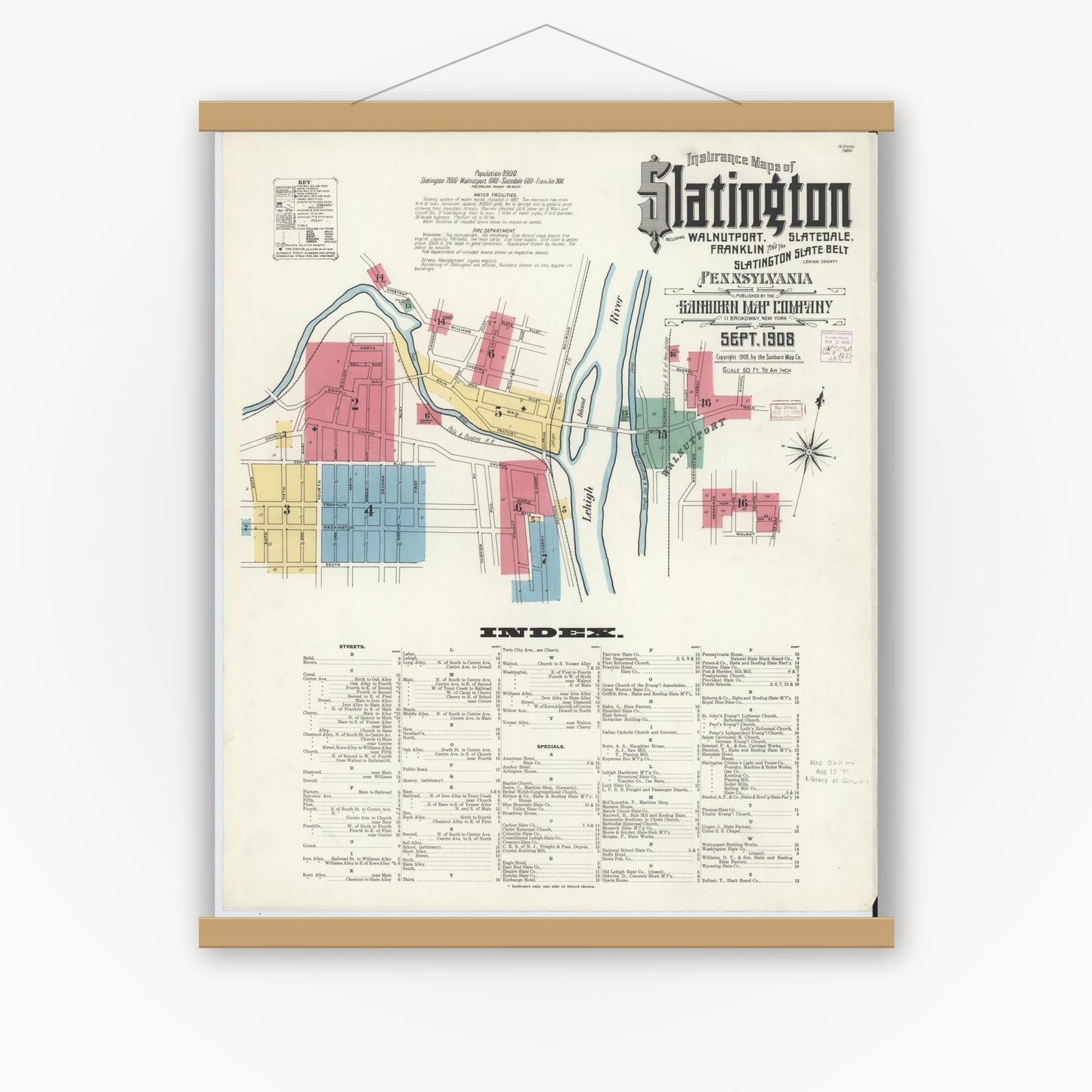 Old map wall art mockup — magnetic wood frame on white wall — Sanborn Fire Insurance Map from Slatington, Lehigh County, Pennsylvania (1908), Sheet #0001