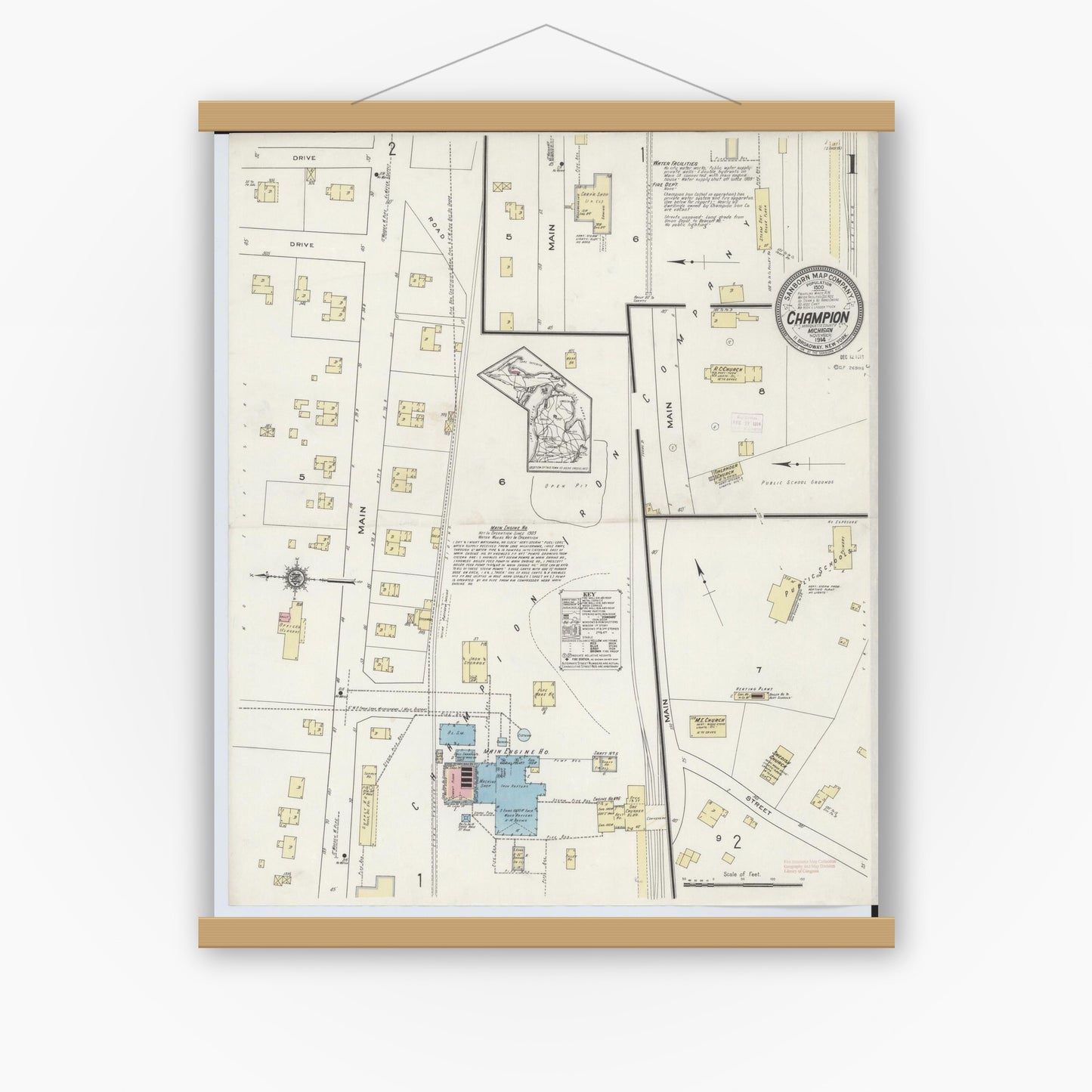 Old map wall art mockup — magnetic wood frame on white wall — Sanborn Fire Insurance Map from Champion, Marquette County, Michigan (1914) - Complete Map Set