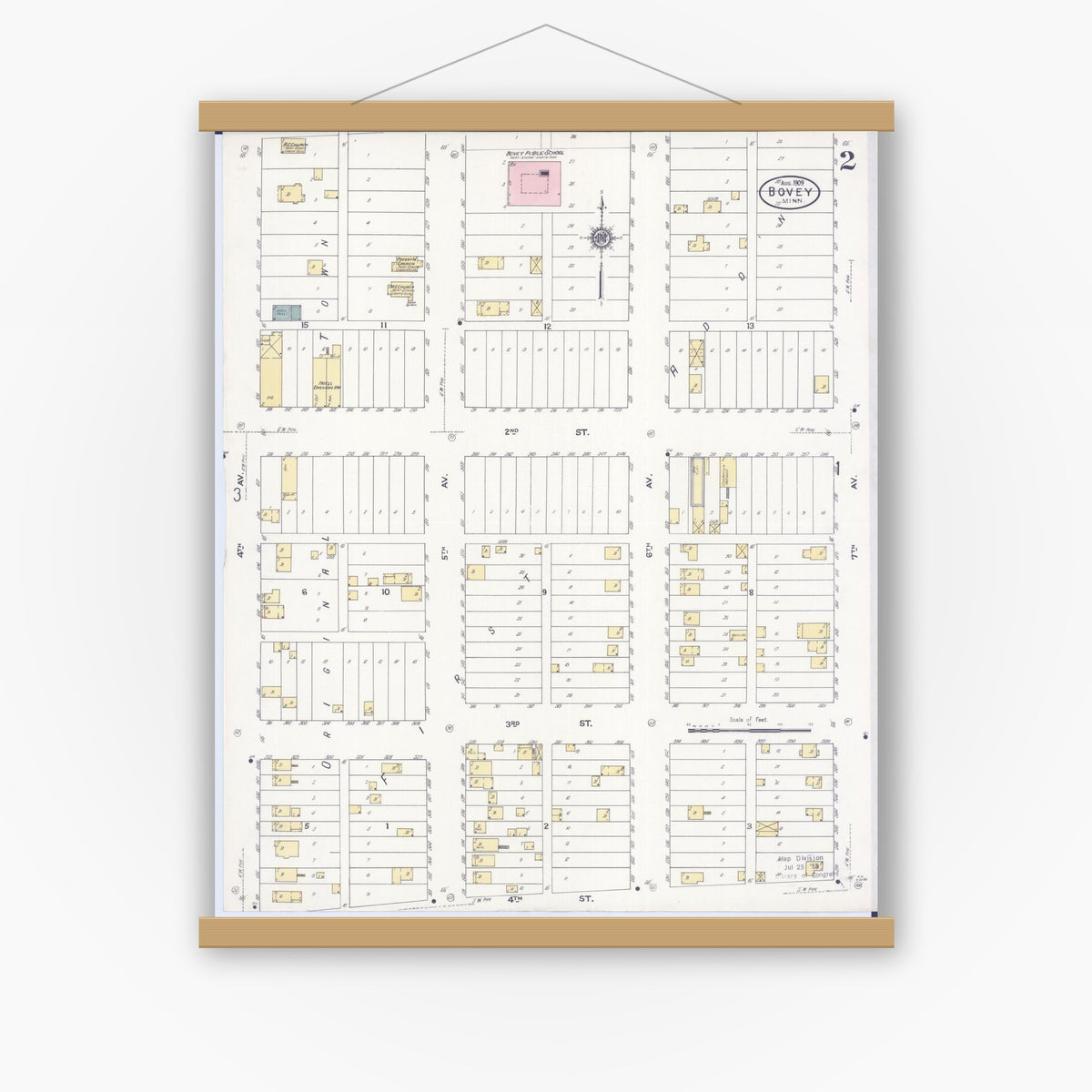 Old map wall art mockup — magnetic wood frame on white wall — Sanborn Fire Insurance Map from Bovey, Itasca County, Minnesota (1909), Sheet #0002