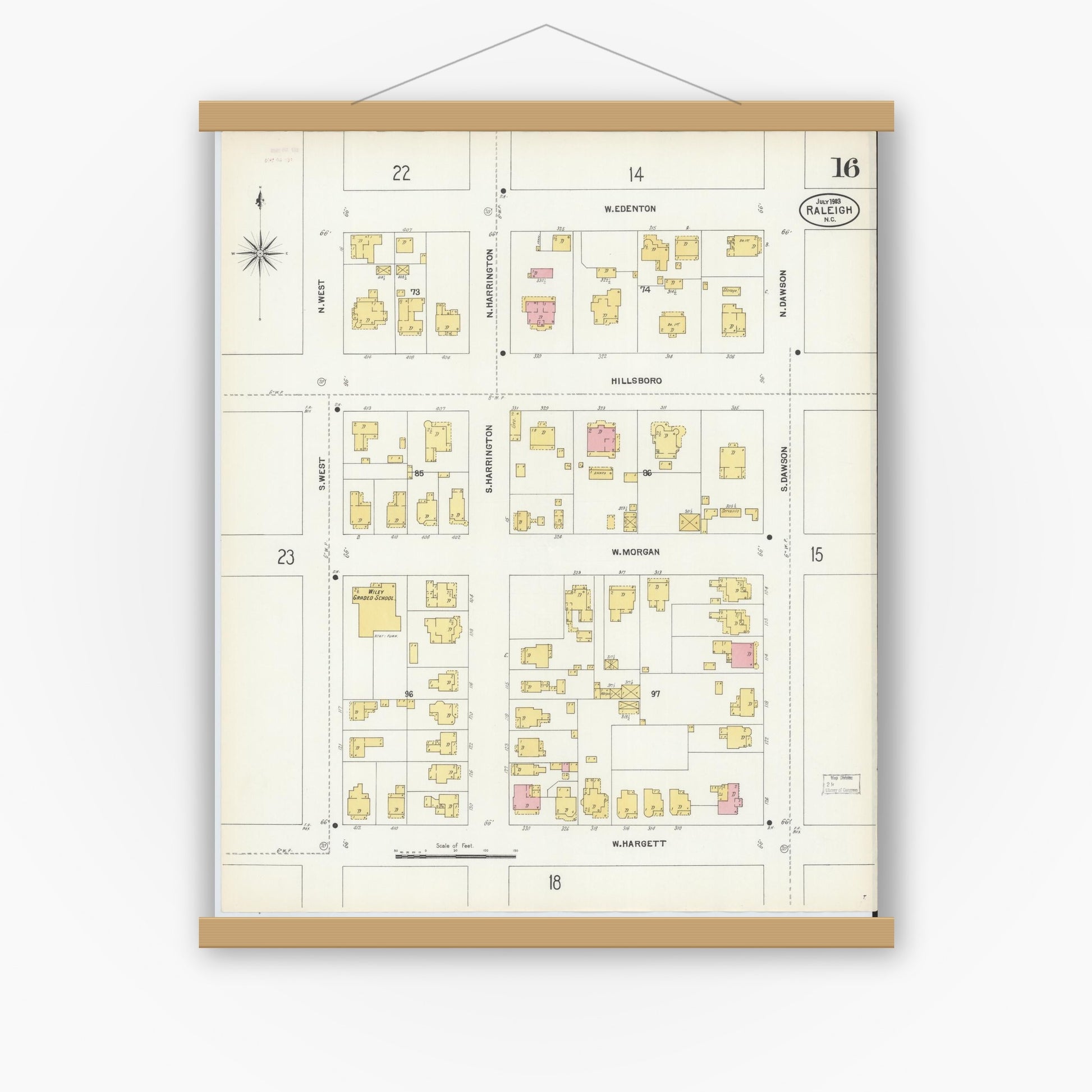 Old map wall art mockup — magnetic wood frame on white wall — Sanborn Fire Insurance Map from Raleigh, Wake County, North Carolina (1903), Sheet #0016