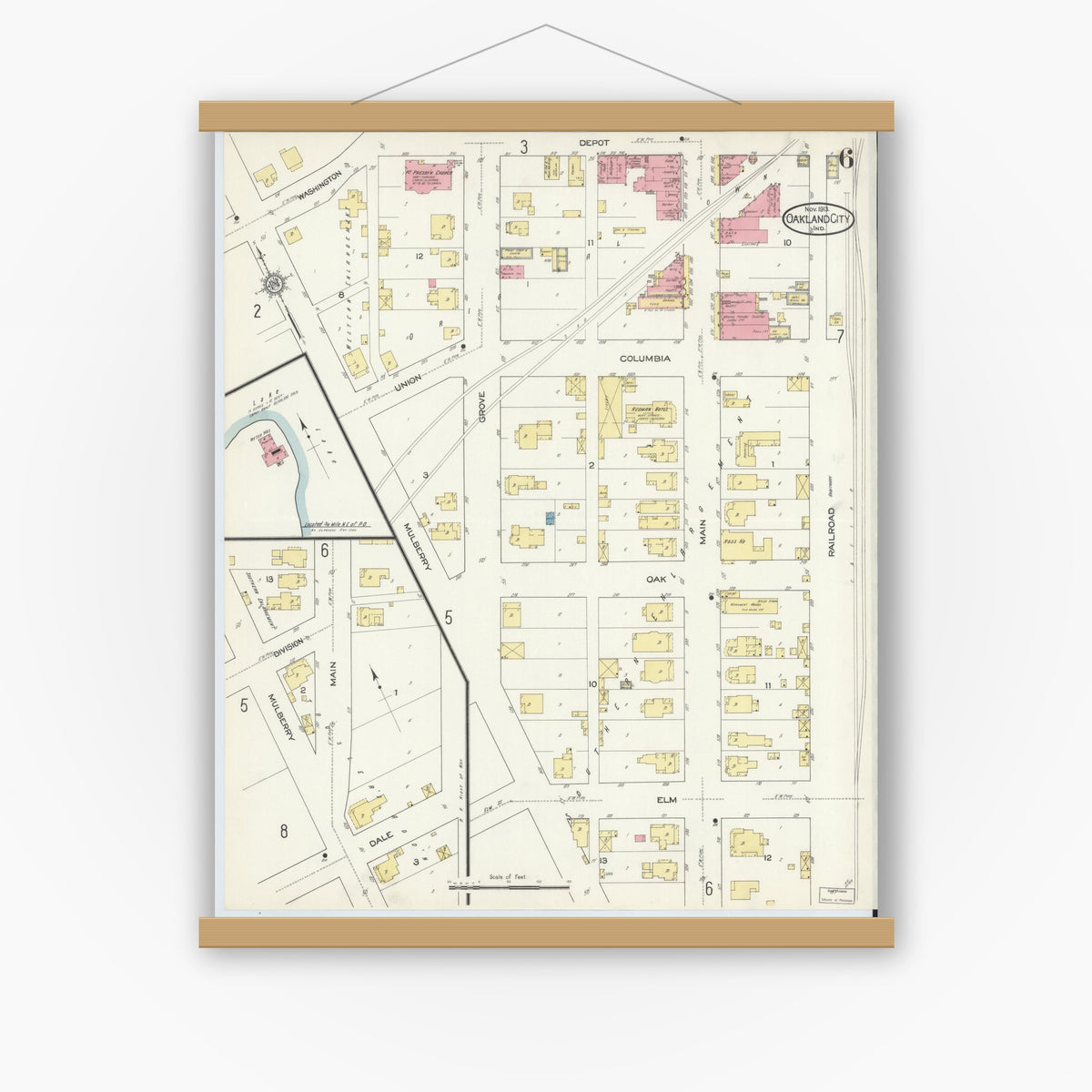 Old map wall art mockup — magnetic wood frame on white wall — Sanborn Fire Insurance Map from Oakland City, Gibson County, Indiana (1913), Sheet #0006