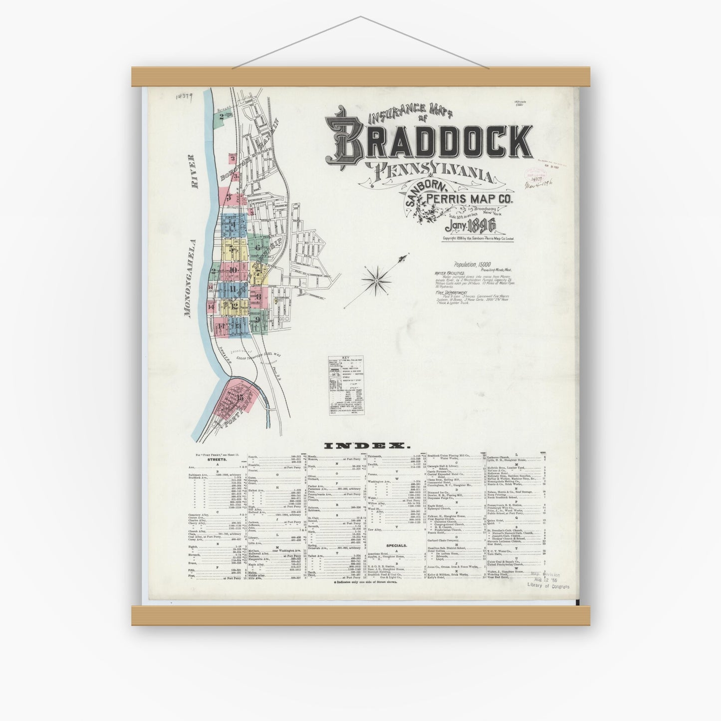 Old map wall art mockup — magnetic wood frame on white wall — Sanborn Fire Insurance Map from Braddock, Allegheny County, Pennsylvania (1896), Sheet #0001
