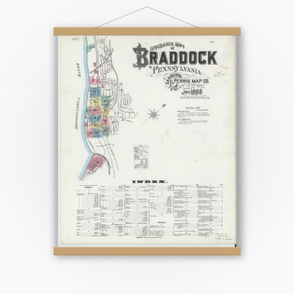 Old map wall art mockup — magnetic wood frame on white wall — Sanborn Fire Insurance Map from Braddock, Allegheny County, Pennsylvania (1896), Sheet #0001