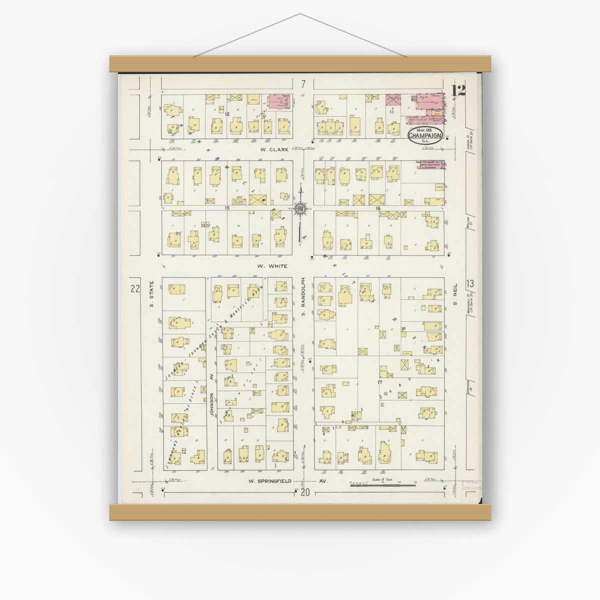 Old map wall art mockup — magnetic wood frame on white wall — Sanborn Fire Insurance Map from Champaign, Champaign County, Illinois (1915), Sheet #0012