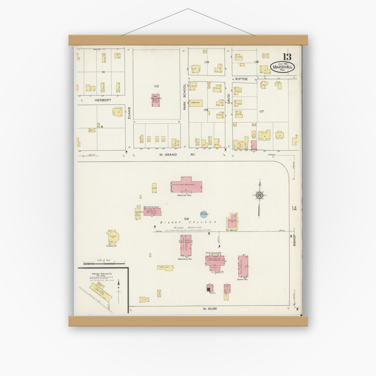 Old map wall art mockup — magnetic wood frame on white wall — Sanborn Fire Insurance Map from Marshall, Harrison County, Texas (1915), Sheet #0013