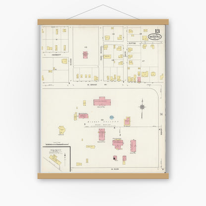 Old map wall art mockup — magnetic wood frame on white wall — Sanborn Fire Insurance Map from Marshall, Harrison County, Texas (1915), Sheet #0013