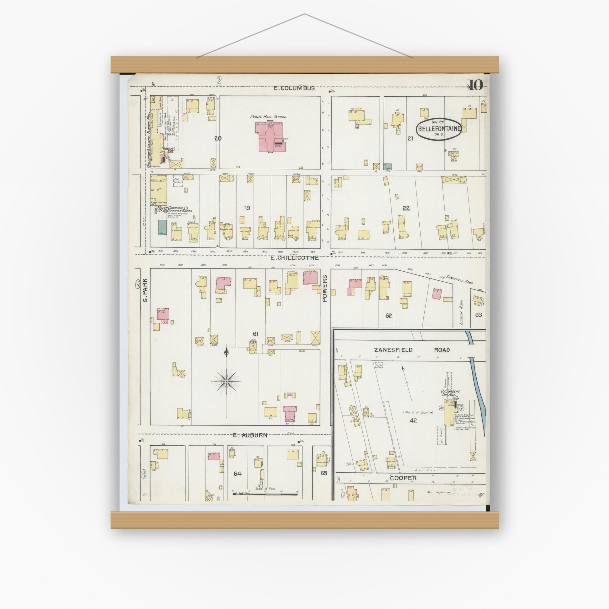Old map wall art mockup — magnetic wood frame on white wall — Sanborn Fire Insurance Map from Bellefontaine, Logan County, Ohio (1892), Sheet #0010