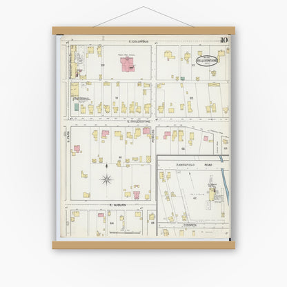 Old map wall art mockup — magnetic wood frame on white wall — Sanborn Fire Insurance Map from Bellefontaine, Logan County, Ohio (1892), Sheet #0010