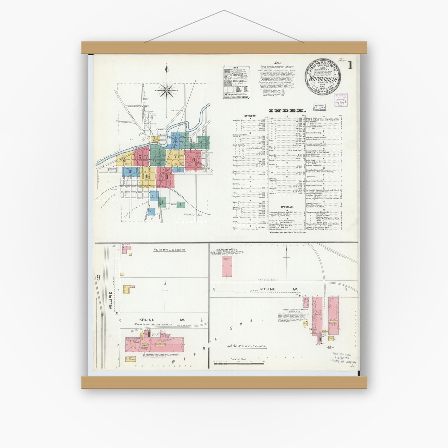 Old map wall art mockup — magnetic wood frame on white wall — Sanborn Fire Insurance Map from Wapakoneta, Auglaize County, Ohio (1904), Sheet #0001