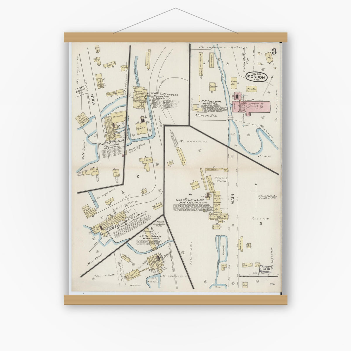 Old map wall art mockup — magnetic wood frame on white wall — Sanborn Fire Insurance Map from Monson, Hampden County, Massachusetts (1887), Sheet #0003