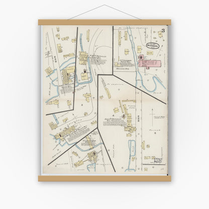 Old map wall art mockup — magnetic wood frame on white wall — Sanborn Fire Insurance Map from Monson, Hampden County, Massachusetts (1887), Sheet #0003