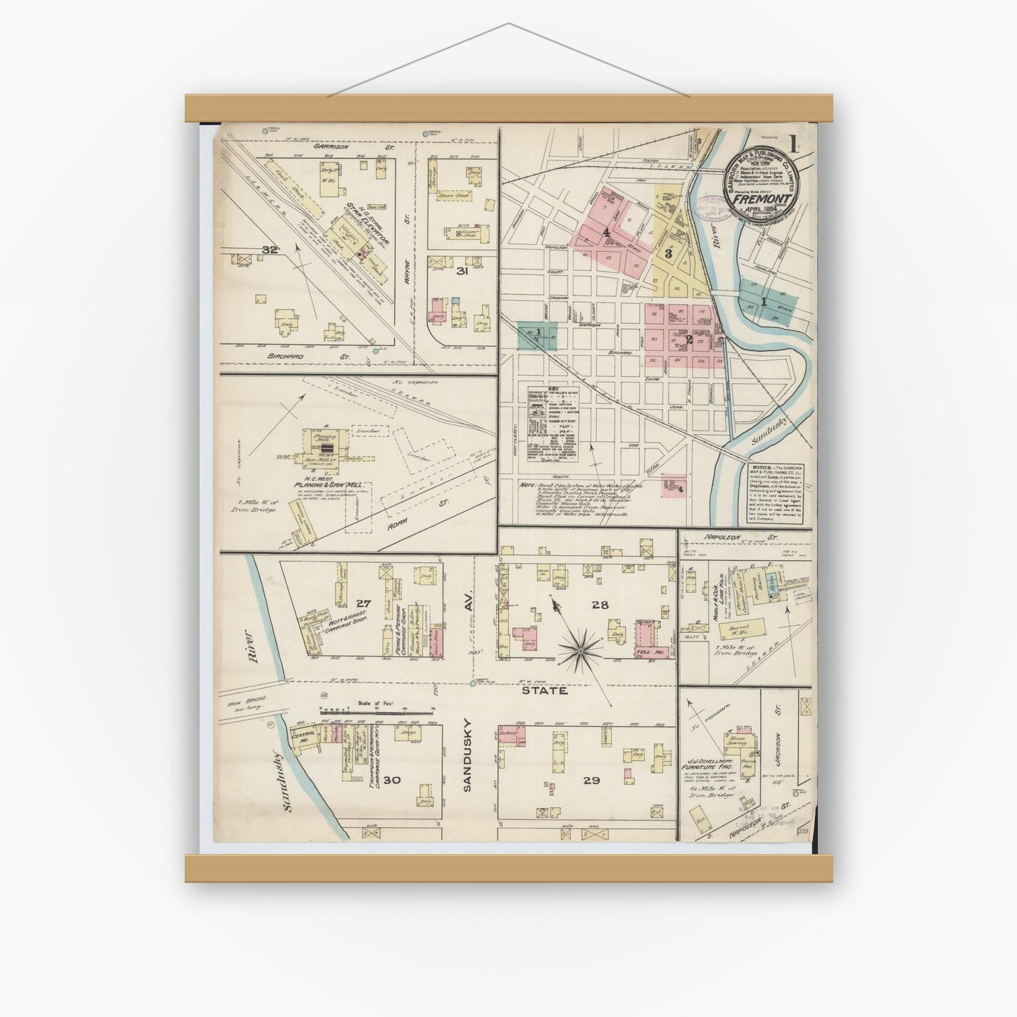 Old map wall art mockup — magnetic wood frame on white wall — Sanborn Fire Insurance Map from Fremont, Sandusky County, Ohio (1884), Sheet #0001