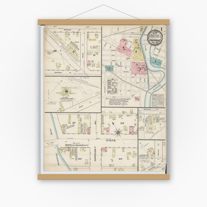 Old map wall art mockup — magnetic wood frame on white wall — Sanborn Fire Insurance Map from Fremont, Sandusky County, Ohio (1884), Sheet #0001