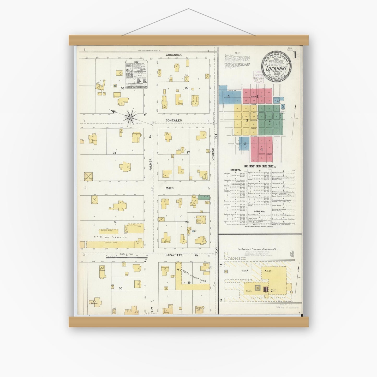 Old map wall art mockup — magnetic wood frame on white wall — Sanborn Fire Insurance Map from Lockhart, Caldwell County, Texas (1903) - Complete Map Set