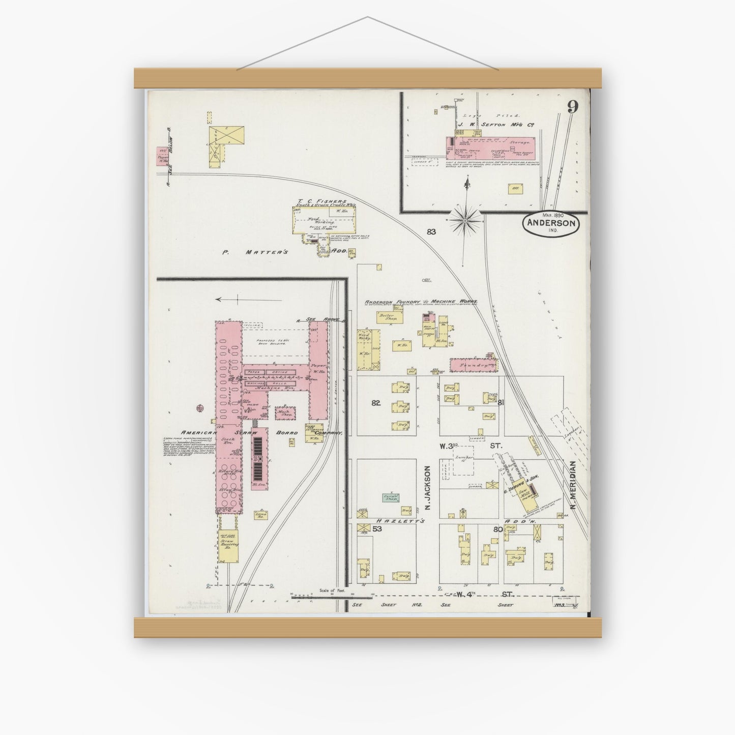 Old map wall art mockup — magnetic wood frame on white wall — Sanborn Fire Insurance Map from Anderson, Madison County, Indiana (1890), Sheet #0009
