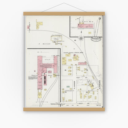 Old map wall art mockup — magnetic wood frame on white wall — Sanborn Fire Insurance Map from Anderson, Madison County, Indiana (1890), Sheet #0009