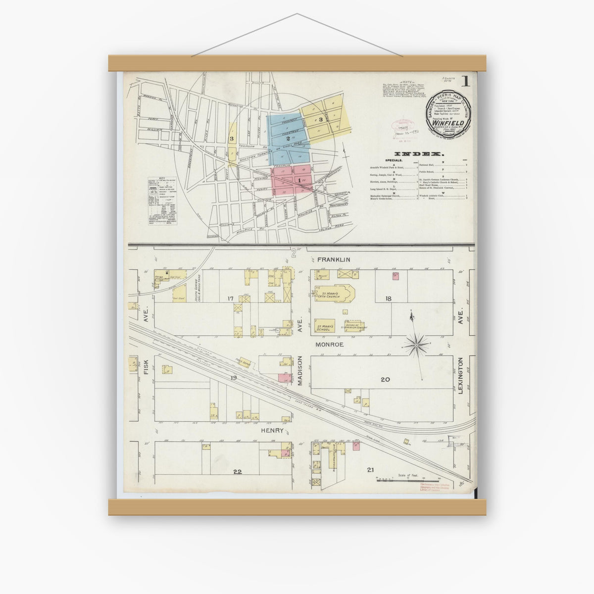 Old map wall art mockup — magnetic wood frame on white wall — Sanborn Fire Insurance Map from Winfield, Queens County, New York (1893) - Complete Map Set