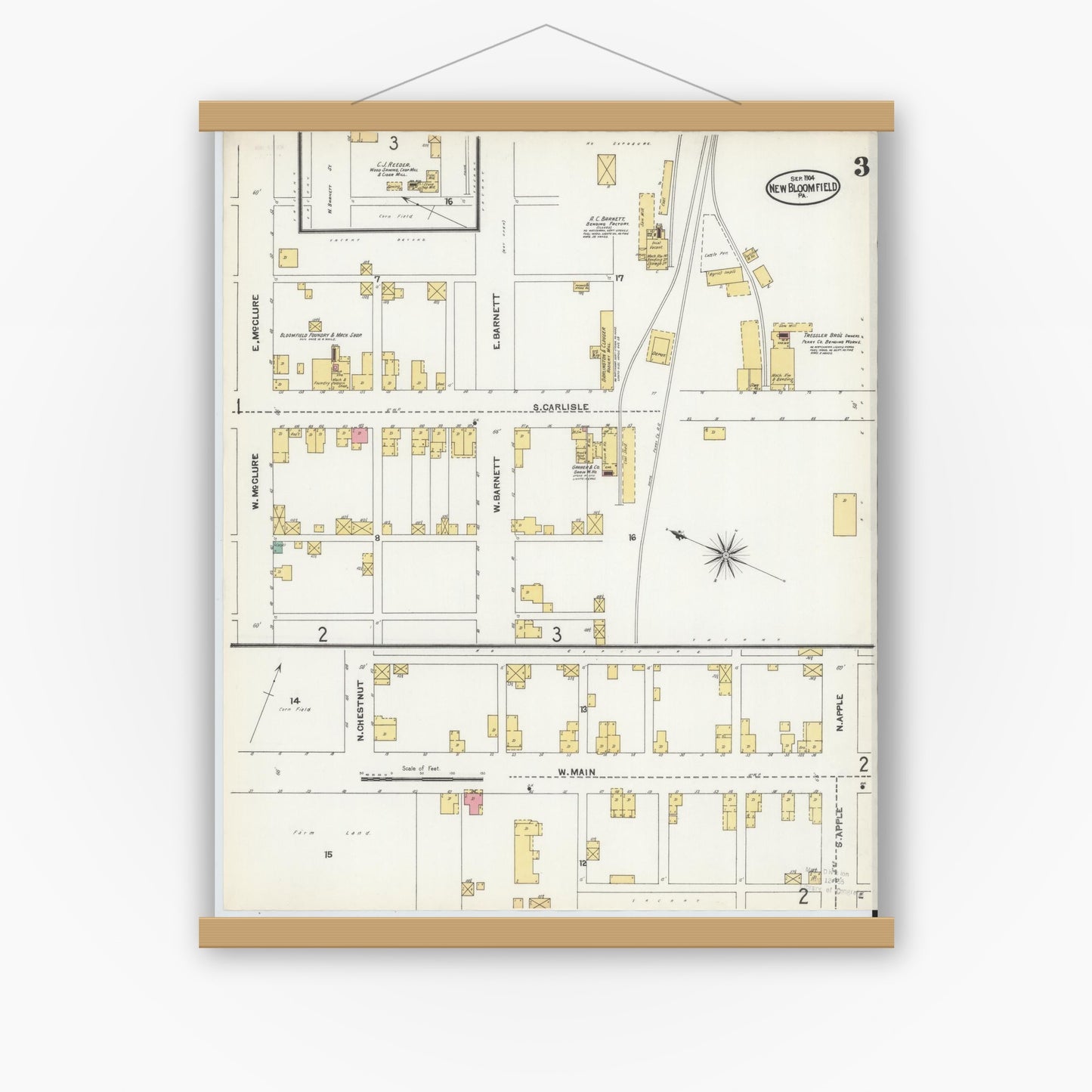 Old map wall art mockup — magnetic wood frame on white wall — Sanborn Fire Insurance Map from New Bloomfield, Perry County, Pennsylvania (1904), Sheet #0003