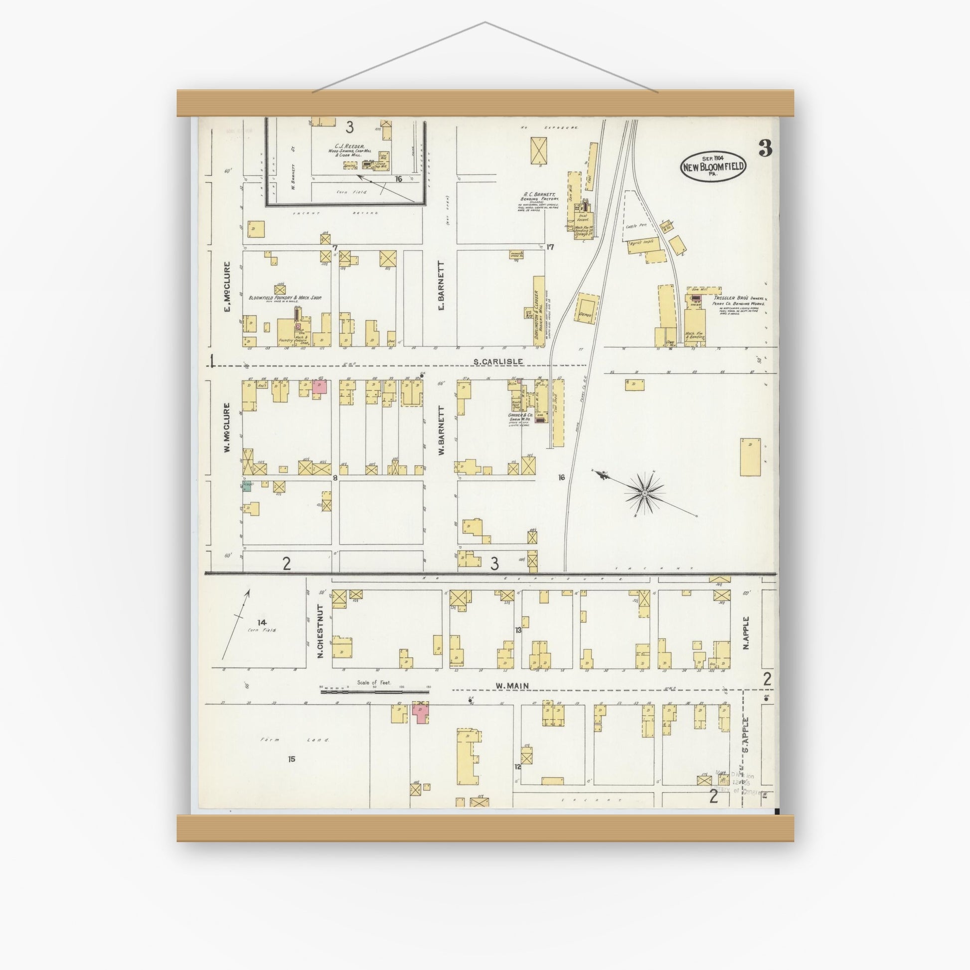 Old map wall art mockup — magnetic wood frame on white wall — Sanborn Fire Insurance Map from New Bloomfield, Perry County, Pennsylvania (1904), Sheet #0003