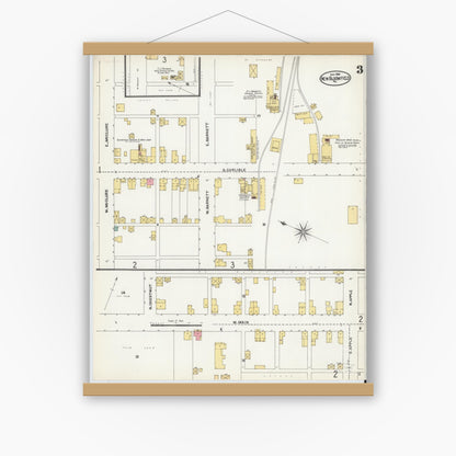 Old map wall art mockup — magnetic wood frame on white wall — Sanborn Fire Insurance Map from New Bloomfield, Perry County, Pennsylvania (1904), Sheet #0003