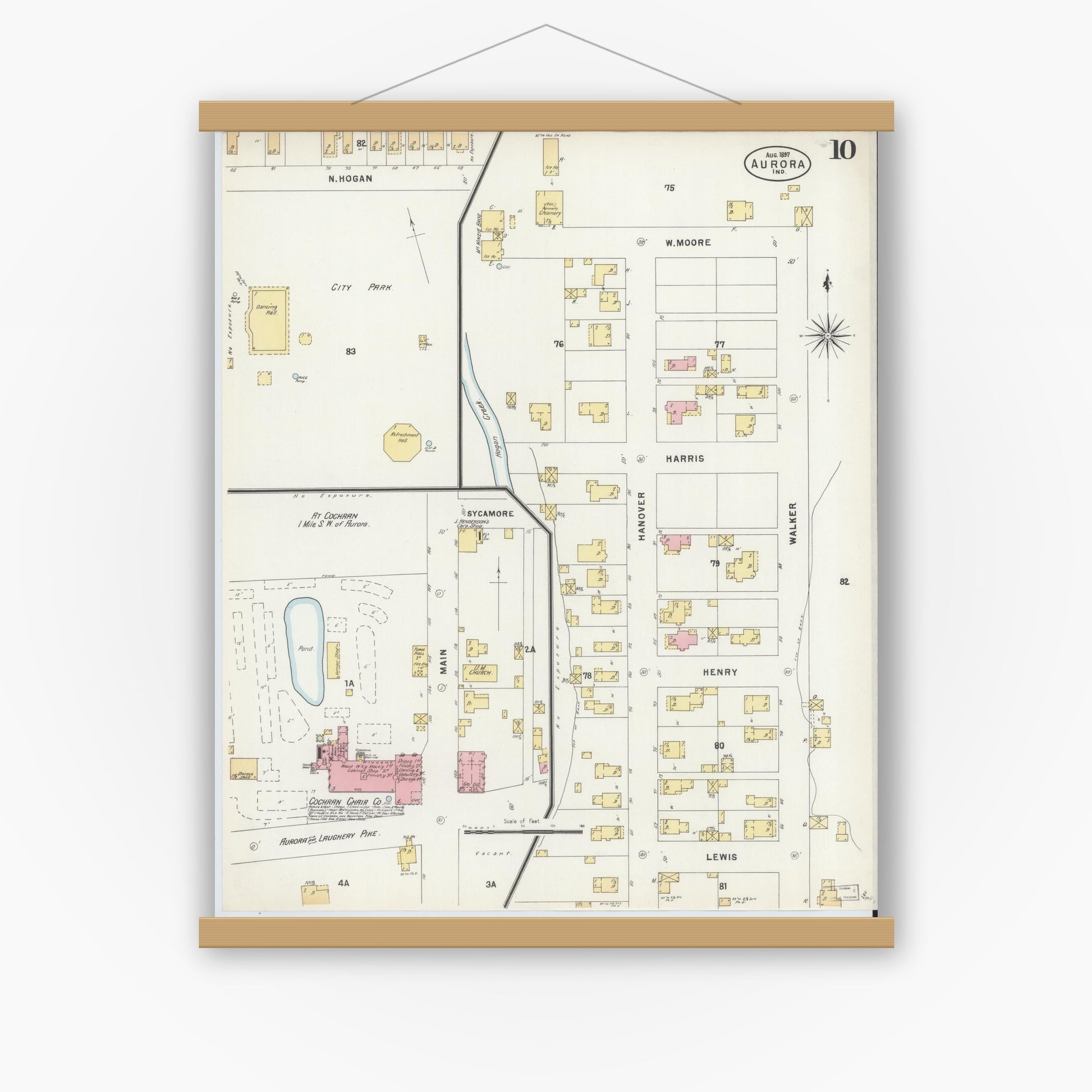 Old map wall art mockup — magnetic wood frame on white wall — Sanborn Fire Insurance Map from Aurora, Dearborn County, Indiana (1897), Sheet #0010