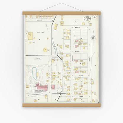 Old map wall art mockup — magnetic wood frame on white wall — Sanborn Fire Insurance Map from Aurora, Dearborn County, Indiana (1897), Sheet #0010