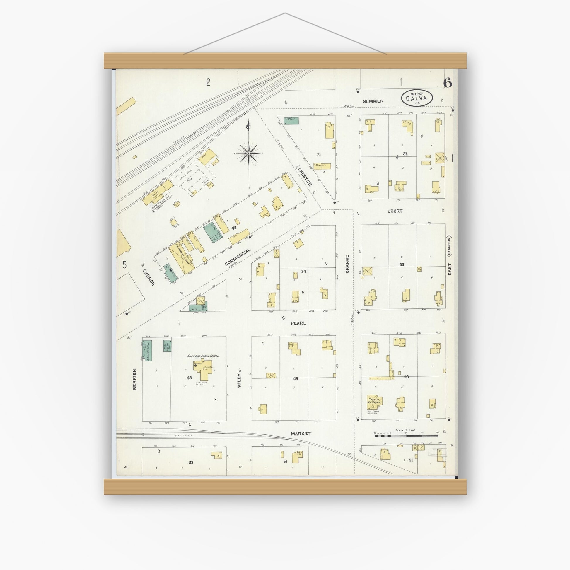 Old map wall art mockup — magnetic wood frame on white wall — Sanborn Fire Insurance Map from Galva, Henry County, Illinois (1907), Sheet #0006